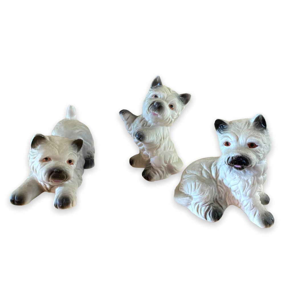 Vintage Set of 3 Westie West Highland White Terrier Figurines Ceramic Miniatures